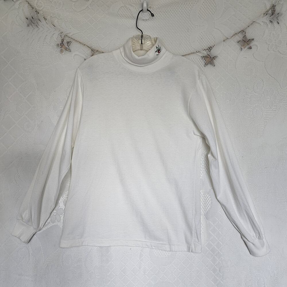 Cross Creek Vintage Small White Turtleneck Shirt Cotton Christmas Poinsetta